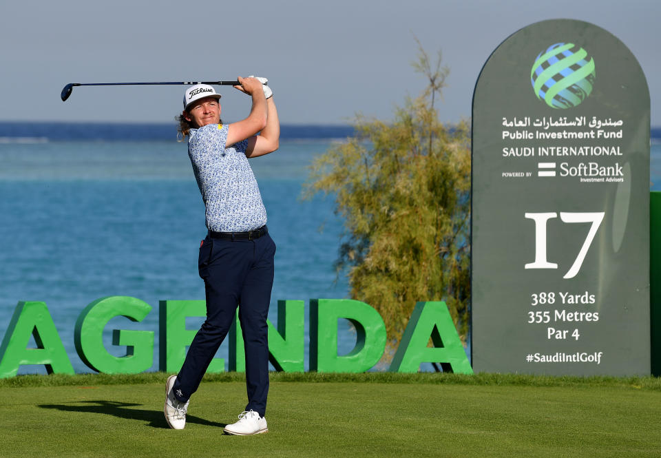 AL MUROOJ, SAUDI ARABIA - FEBRUARY 03: Cameron Smith of Australia tees off from the 17th hole on Day Two of the PIF Saudi International at Royal Greens Golf & Country Club on February 03, 2023 in Al Murooj, Saudi Arabia. (Photo by Tom Dulat/Getty Images)