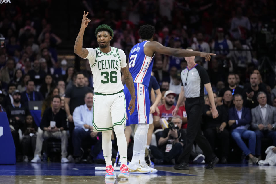 Boston Celtics' Marcus Smart reacts after being fouled during the second half of Game 6 of the team's NBA basketball playoffs Eastern Conference semifinal against the Philadelphia 76ers, Thursday, May 11, 2023, in Philadelphia. (AP Photo/Matt Slocum)