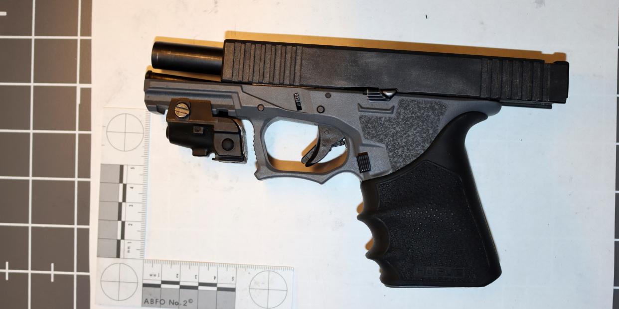 This image taken May 3, 2022, and provided by the Oak Park, Ill., Police Department shows a ghost gun found in a backpack taken from Keyon Robinson outside Oak Park and River Forest High School in Oak Park, Ill.