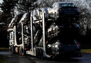 A lorry with car carrier trailer leaves the Honda car plant in Swindon, Britain, February 18, 2019. REUTERS/Eddie Keogh