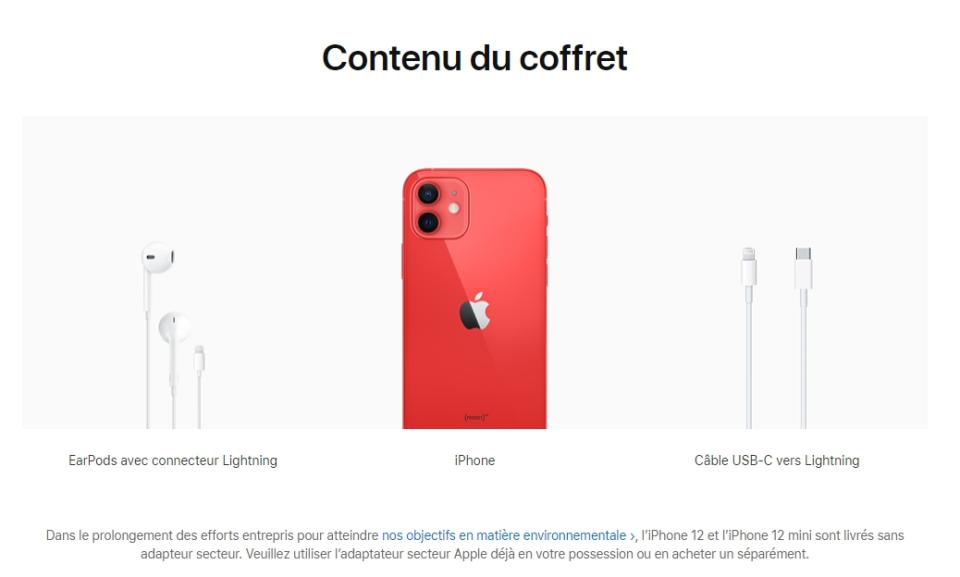 蘋果法國官網的iPhone 12仍附贈有線耳機。（圖／翻攝自蘋果法國官網）