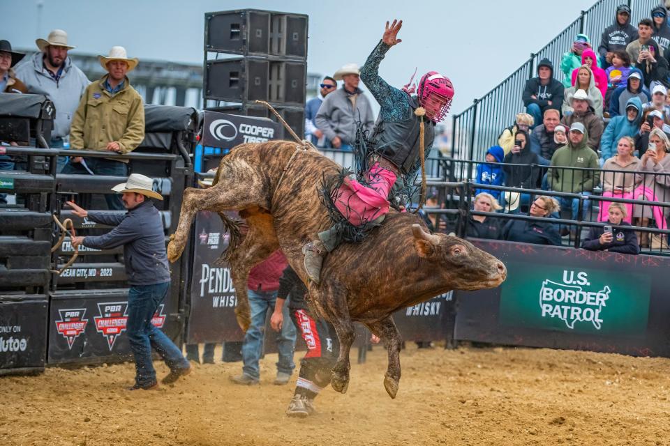 Bull riders from the PBR Challenger Series showcased their talents before a packed crowd at the Ocean City Inlet on Saturday, June 3, 2023. This is the second year in a row that the Professional Bull Rider series has come to the town.
