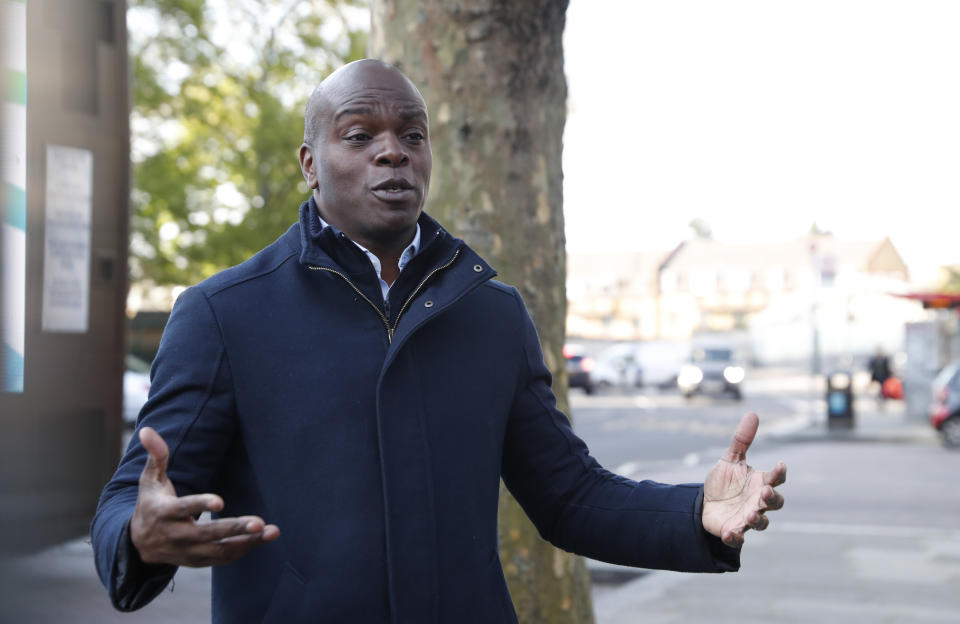 The Conservative party candidate for London Mayor Shaun Bailey speaks to the media in the Ladbroke Grove area of west London during a campaign stop on Thursday, April 29, 2021. (AP Photo/Alastair Grant)