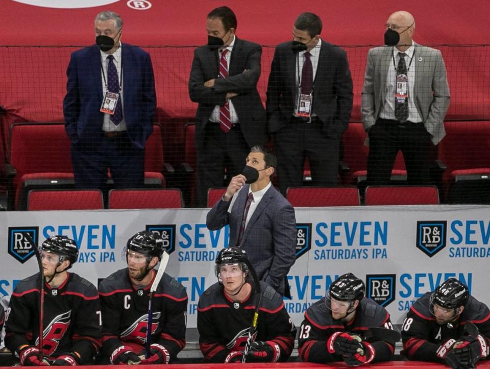Carolina Hurricanes coach Rod BrindAmour watches the final seconds of there third period as the game heads into overtime against Nashville on Tuesday, May 25, 2021 at PNC Arena in Raleigh, N.C.