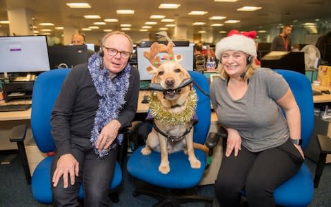 Jason Watkins with Bryony Gordon and Toffee, the Canine Partner, during last year's phone-in day - Credit: Paul Grover