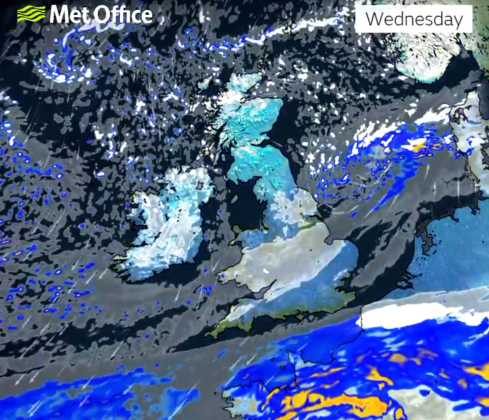 Snow (represented here in the dark blue weather pattern) will reach northern areas and possibly some southern counties again later this week.  (Meteorological Office)