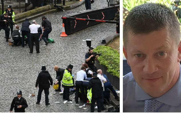 Met Police is 'passing the buck' over 'predictable' Westminster terror attack (left), inquest into victims including Pc Keith Palmer (right) hears - Stefan Rousseau/PA