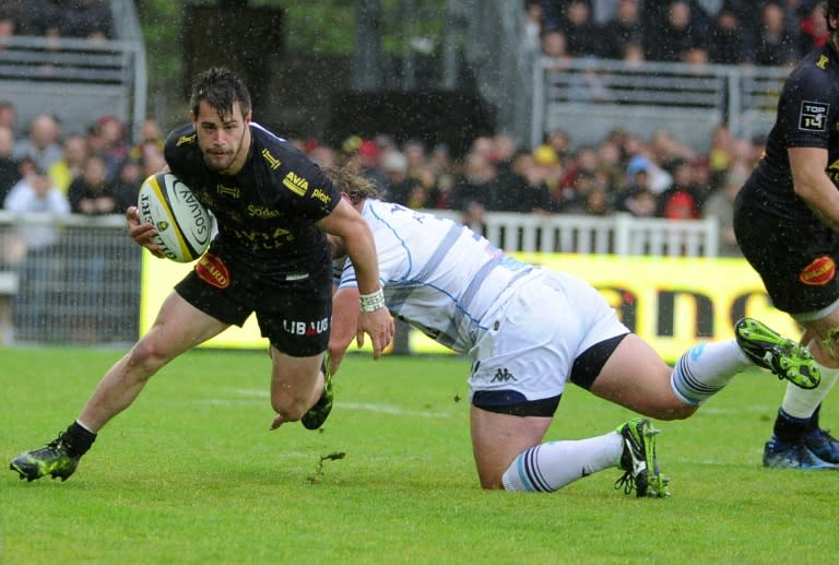 La Rochelle's Arthur Retière is tackled during a French Top 14 rugby union match against Montpellier on April 30, 2017