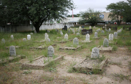 Graves are seen at a cemetery where German soldiers are buried, in Okahandja, north of Windhoek, Namibia, February 21, 2017. Picture taken February 21, 2017. REUTERS/Siphiwe Sibeko