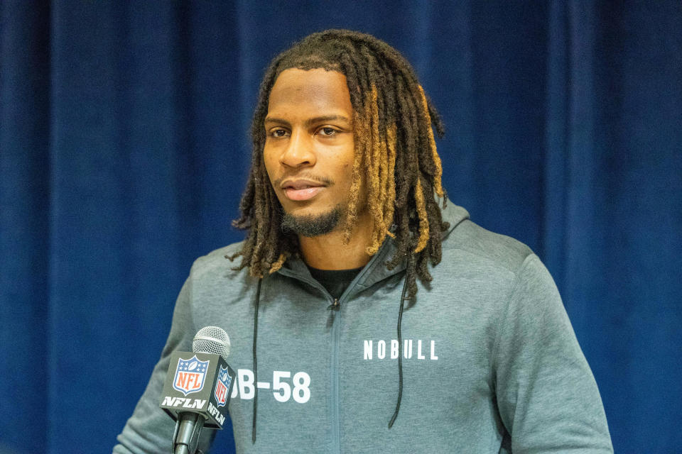 Texas Tech defensive back Tyler Owens (DB58) talks to the media during the 2024 NFL Combine at Lucas Oil Stadium.