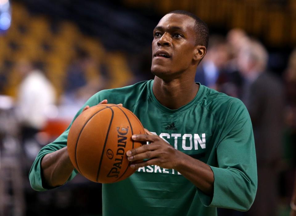 BOSTON, MA - NOVEMBER 05:  Rajon Rondo #9 of the Boston Celtics warms up prior to a game against the Toronto Raptors at TD Garden on November 5, 2014 in Boston, Massachusetts. NOTE TO USER: User expressly acknowledges and agrees that, by downloading and or using this photograph, User is consenting to the terms and conditions of the Getty Images License Agreement.  (Photo by Mike Lawrie/Getty Images)