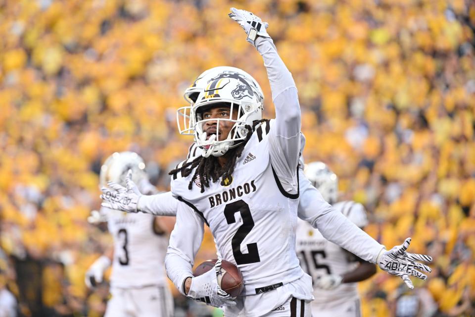 Western Michigan Broncos cornerback Keni-H Lovely (2) reacts after an interception against the Iowa Hawkeyes during the second quarter Sept. 16, 2023, at Kinnick Stadium in Iowa City, Iowa.
