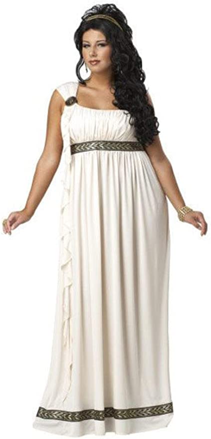 Model wears white Olympic Goddess dress costume