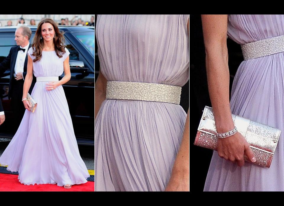 Dress by Alexander McQueen dress, shoes and clutch by Jimmy Choo, earrings borrowed from Queen Elizabeth II. (Getty photos)