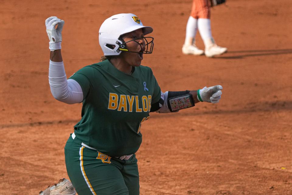 Baylor infielder Shaylon Govan (12) celebrates a homerun against Texas during the game at Red & Charline McCombs Field on Friday, May 5, 2023 in Austin.