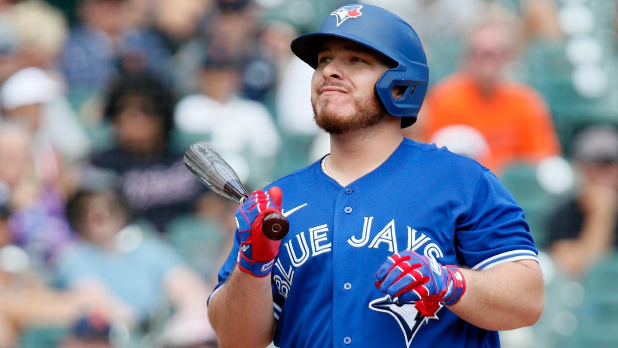 DETROIT, MICHIGAN - AUGUST 29: Alejandro Kirk #30 of the Toronto Blue Jays during an at-bat against Detroit Tigers at Comerica Park on August 29, 2021, in Detroit, Michigan. (Photo by Duane Burleson/Getty Images)