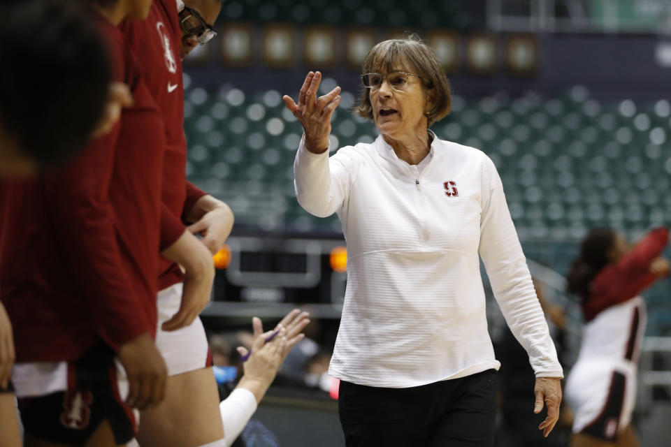 Stanford head coach Tara VanDerveer gestures towards her bench during the first quarter of an NCAA college basketball game against Grambling State, Saturday, Nov. 26, 2022, in Honolulu. (AP Photo/Marco Garcia)