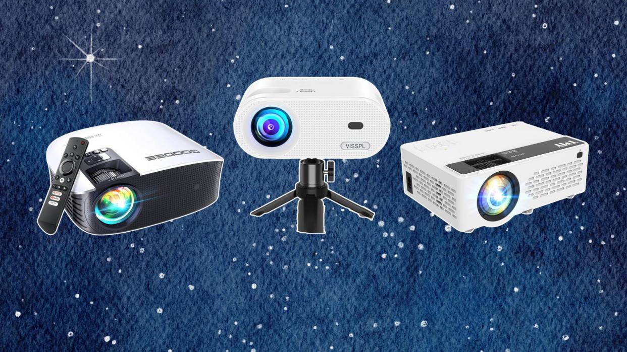  Three of the best projectors for outdoor screenings on a blue, starry background. 