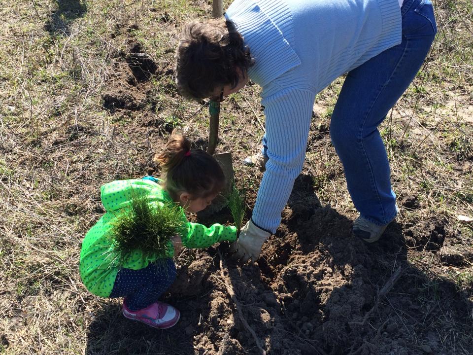 Volunteers work at an Earth Day tree planting event in spring 2018 at the Consuelo Diane and Charles L. Wilson Jr. Working Forest Reserve.