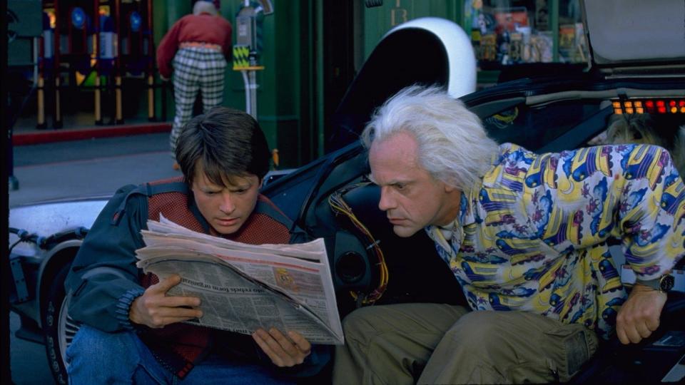 Michael J. Fox, left, and Christopher Lloyd in “Back to the Future Part II.”