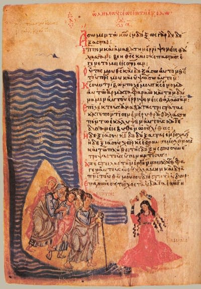 ‘The Chludov Psalter,’ a book of psalms, shows ‘The Song Of Moses and Miriam,’ from around A.D. 850. Found in the Collection of State History Museum, Moscow. <a href="https://www.gettyimages.com/detail/news-photo/the-chludov-psalter-the-song-of-moses-and-miriam-ca-850-news-photo/959928552?phrase=miriam%20exodus&adppopup=true" rel="nofollow noopener" target="_blank" data-ylk="slk:Fine Art Images/Heritage Images/Getty Images;elm:context_link;itc:0;sec:content-canvas" class="link ">Fine Art Images/Heritage Images/Getty Images</a>