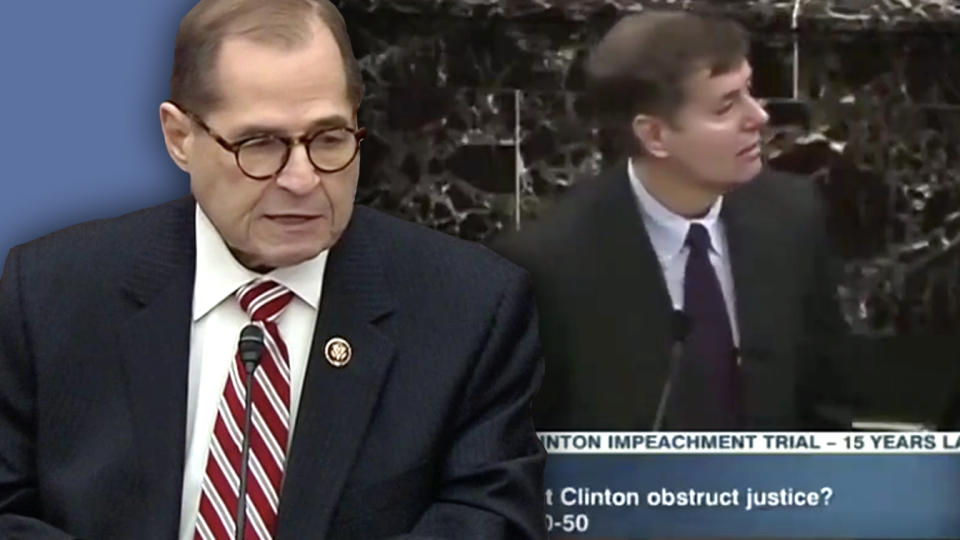 House Impeachment Manager  Rep. Jerrold Nadler and a video clip of Clinton Impeachment House Manager Rep. Lindsey Grahm from 1999. (Photo illustration: Yahoo News; Screengrabs: Senate TV via Yahoo News)