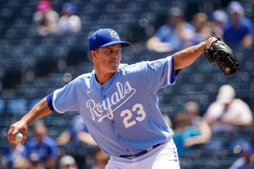 Kansas City Royals starting pitcher Zack Greinke (23) delivers a pitch against the Detroit Tigers in the first inning at Kauffman Stadium in Kansas City, Missouri, on Thursday, July 20, 2023.