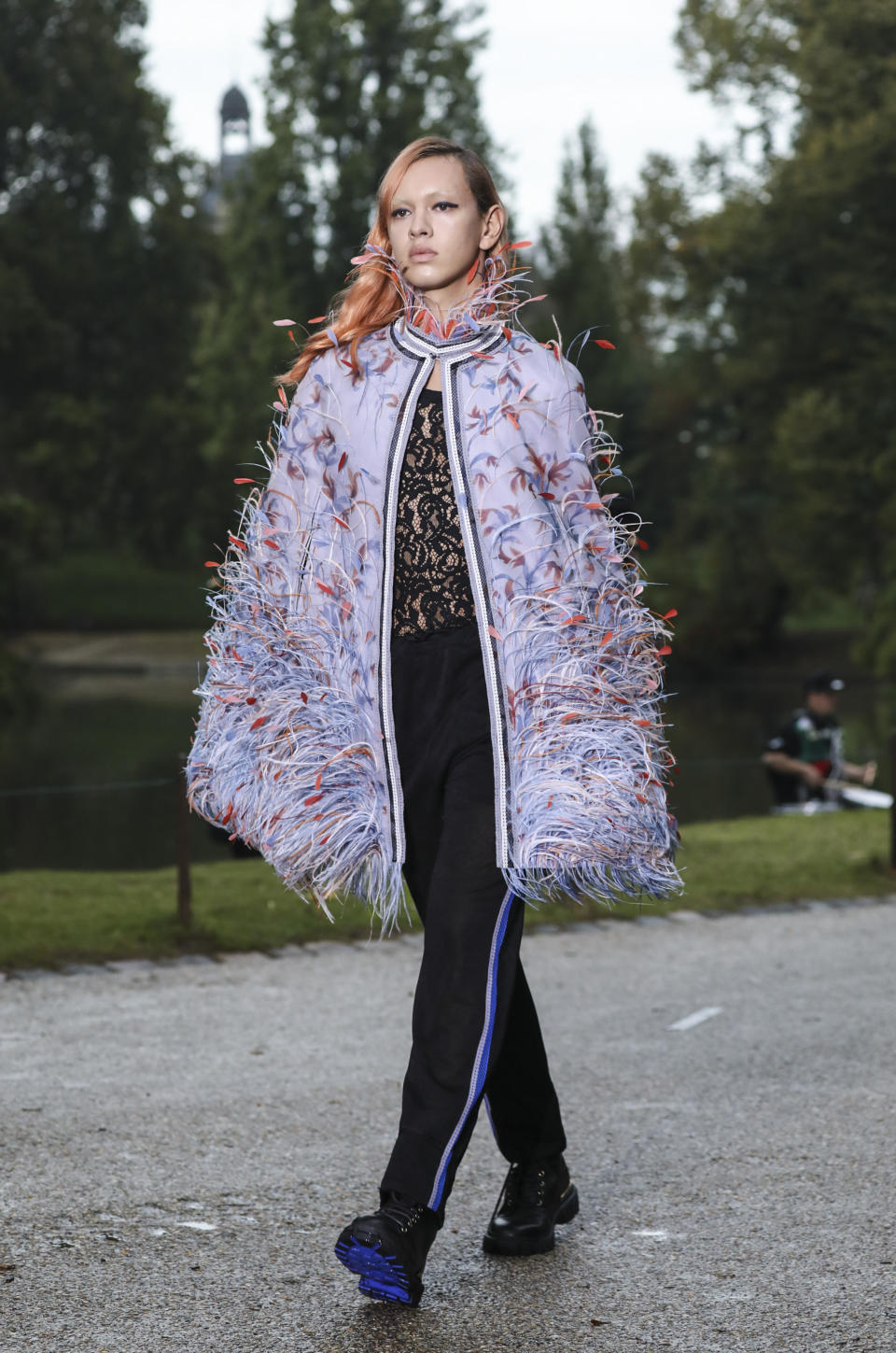 A model wears a creation for the Koche Spring-Summer 2021 fashion collection, Tuesday, Sept. 29, 2020, during Paris fashion week. (Photo by Vianney Le Caer/Invision/AP)