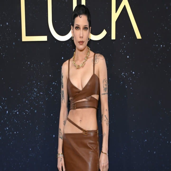 halsey at an event wearing a leather outfit
