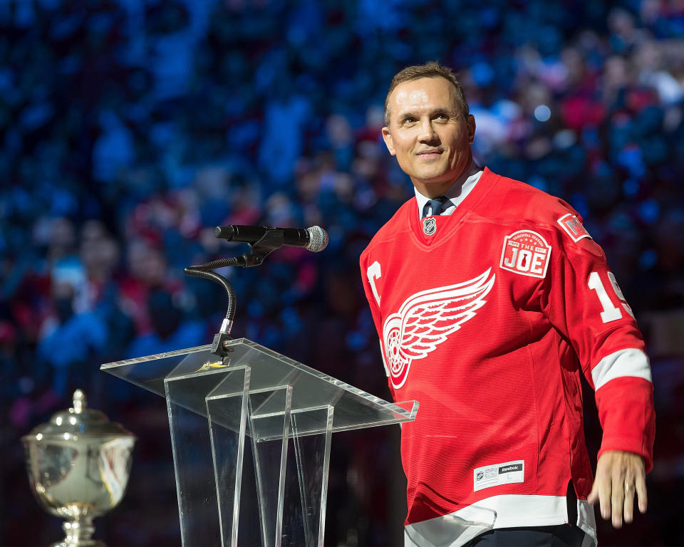 DETROIT, MI - APRIL 09: Former captain of the Detroit Red Wings Steve Yzerman speaks during post game ceremonies after the final home game ever played at Joe Louis Arena between the Detroit Red Wings and the New Jersey Devils on April 9, 2017 in Detroit, Michigan. The Wings defeated the Devils 4-1. (Photo by Dave Reginek/NHLI via Getty Images)