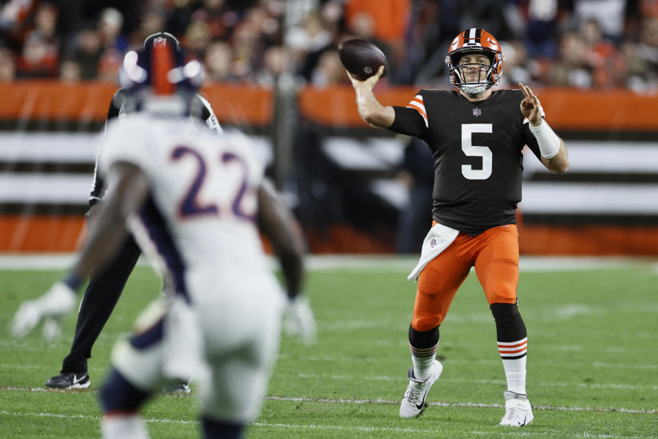 Cleveland Browns quarterback Case Keenum (5) filled in and led his team to an important win over the Broncos. (AP Photo/Ron Schwane)