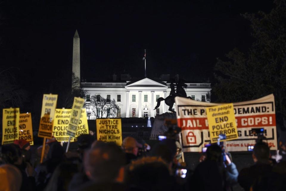 Demonstrators participate in a protest against the police killing of Tyre Nichols near the White House on January 27, 2023 in Washington, DC. Tyre Nichols, a 29-year-old Black man, died three days after being severely beaten by five Memphis Police Department officers during a traffic stop on January 7, 2023. (Photo by Tasos Katopodis/Getty Images)