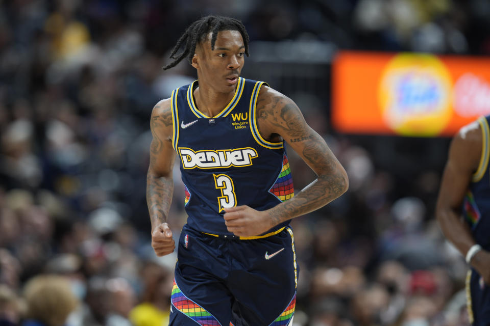 Denver Nuggets guard Bones Hyland reacts after hitting a 3-point basket against the Los Angeles Lakers in the first half of an NBA basketball game Saturday Jan. 15, 2022, in Denver. (AP Photo/David Zalubowski)