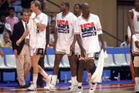 BARCELONA, ESP - JULY 26: (L-R) Larry Bird, Earvin (Magic) Johnson, Michael Jordan and Karl Malone of the USA Olympic Basketball Team (The Dream Team) walk on the court during a game against The Republic of Angola Olympic Team on July 26,1992 in Barcelona, Spain. The USA won 116-48. (Photo by Mike Powell/Getty Images)