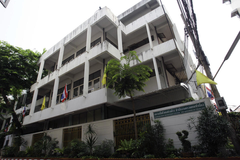 The exterior of Thai Immigration Police detention center is pictured in Bangkok Sunday, April 1, 2012, where Vito Roberto Palazzolo, a fugitive Italian banker implicated in the "Pizza Connection" drug and money laundering trial, is being held for questioning. Palazzolo has been detained in Thailand after Italian authorities tracked his whereabouts on Facebook, authorities said Saturday. (AP Photo/Sakhai Lalit)