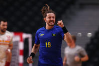 <p>TOKYO, JAPAN - JULY 28: Fabio Chiuffa of Team Brazil celebrates after scoring a goal during the Men's Preliminary Round Group A handball match between Brazil and Spain on day five of the Tokyo 2020 Olympic Games at Yoyogi National Stadium on July 28, 2021 in Tokyo, Japan. (Photo by Dean Mouhtaropoulos/Getty Images)</p> 