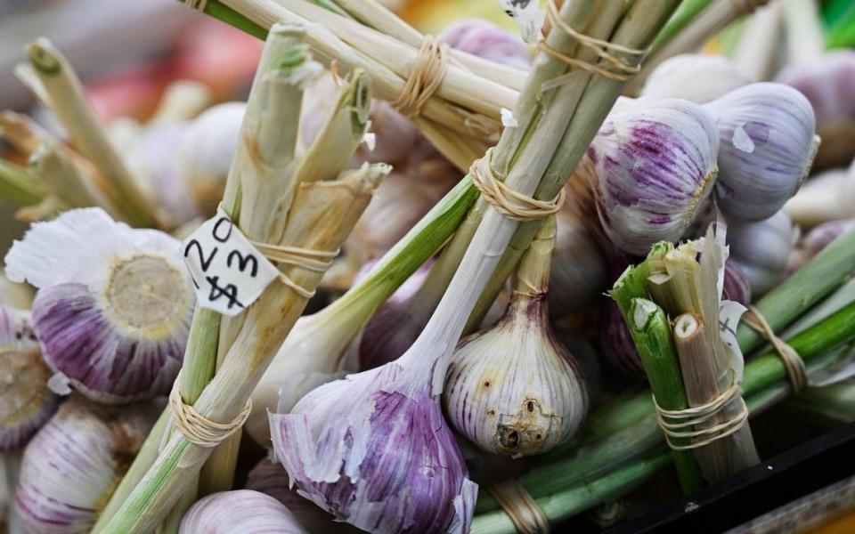 Garlic for sale, supplied by local Asian farmers, seen at Nubchi Thao’s new business TBL Asian Market, Thursday, June 22, 2023.