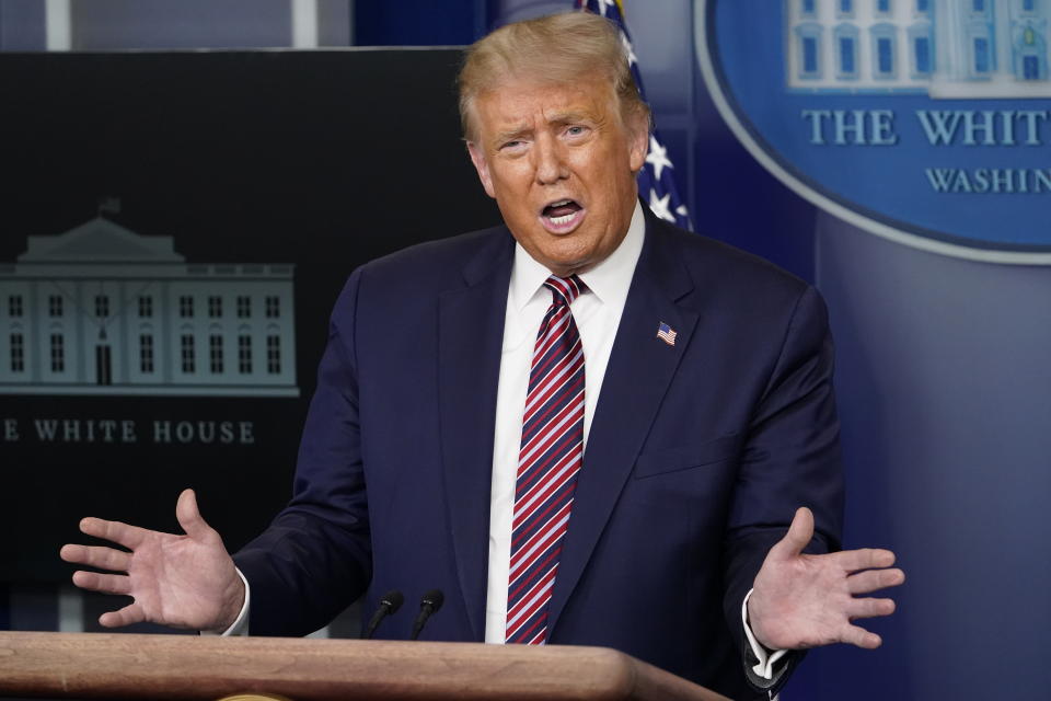 President Donald Trump speaks at a news conference in the James Brady Press Briefing Room at the White House, Wednesday, Aug. 12, 2020, in Washington. (AP Photo/Andrew Harnik)