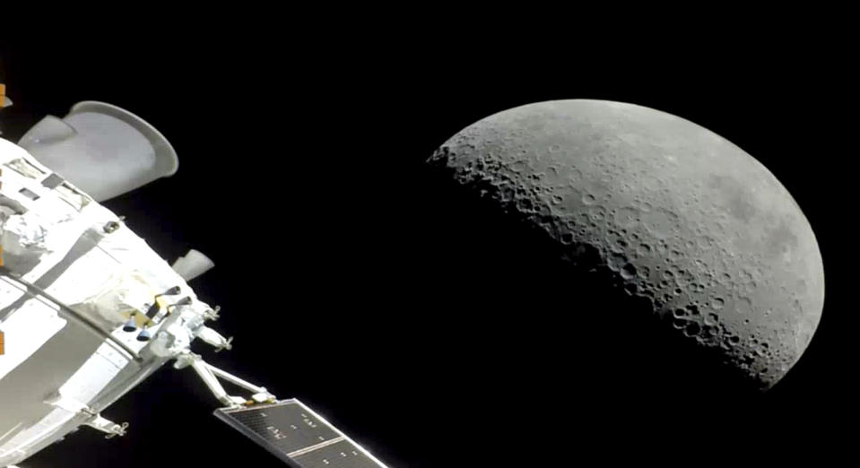 NASA's Orion spacecraft flew past the moon on Monday, December 5, 2022. The crew capsule and its test dummies will aim for a Pacific Ocean splashdown on Sunday, December 11, 2022, off the coast of San Diego after a three-week test flight, setting the stage for astronauts on the next flight in a couple years. (NASA via AP)