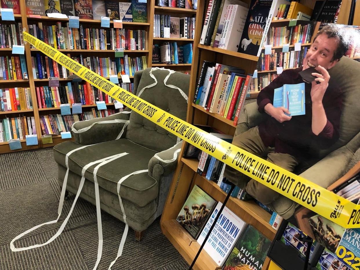 Dan Chartrand, owner of Water Street Bookstore, was "murdered" Friday night, part of Death by Chocolate, a murder mystery game that kicked off Exeter's LitFest Friday, April 1, 2022.