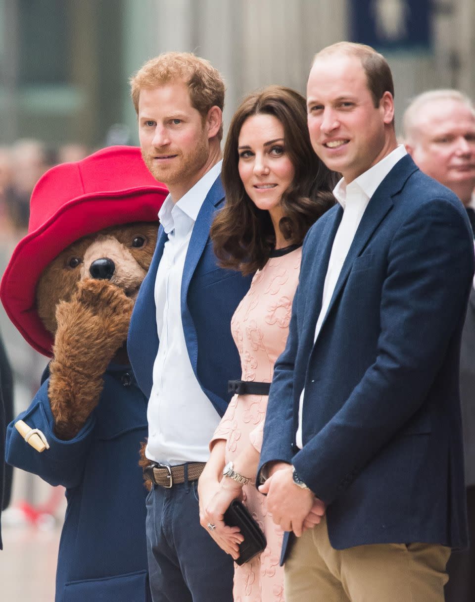 The royals joined actor Hugh Bonneville and other cast members from Paddington 2 to welcome 130 children from a dozen charities supported by the royal trio. Photo: Getty Images