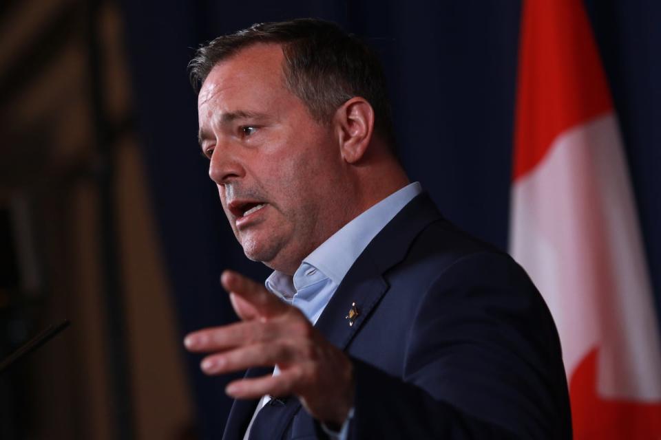 Jason Kenney answers questions during a press conference in a file photo during his time as premier in 2022.