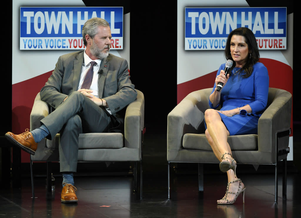 Liberty University President Jerry Falwell Jr. and wife Becki speak during a town hall meeting on the opioid crisis, as part of first lady Melania Trump's 