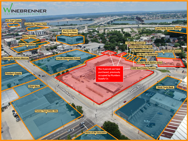 Winebrenner Property Management has acquired more than 4 acres of East Market District and Butchertown property formerly owned by the Werst family, which operates Plumbers Supply Company. The recently sold lots are highlighted in red in this north-facing diagram.