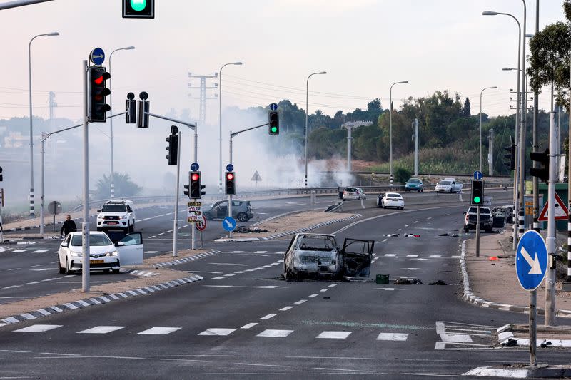 A view of a junction shows the aftermath of a mass-infiltration by Hamas gunmen from the Gaza Strip, in the Sderot area, southern Israel