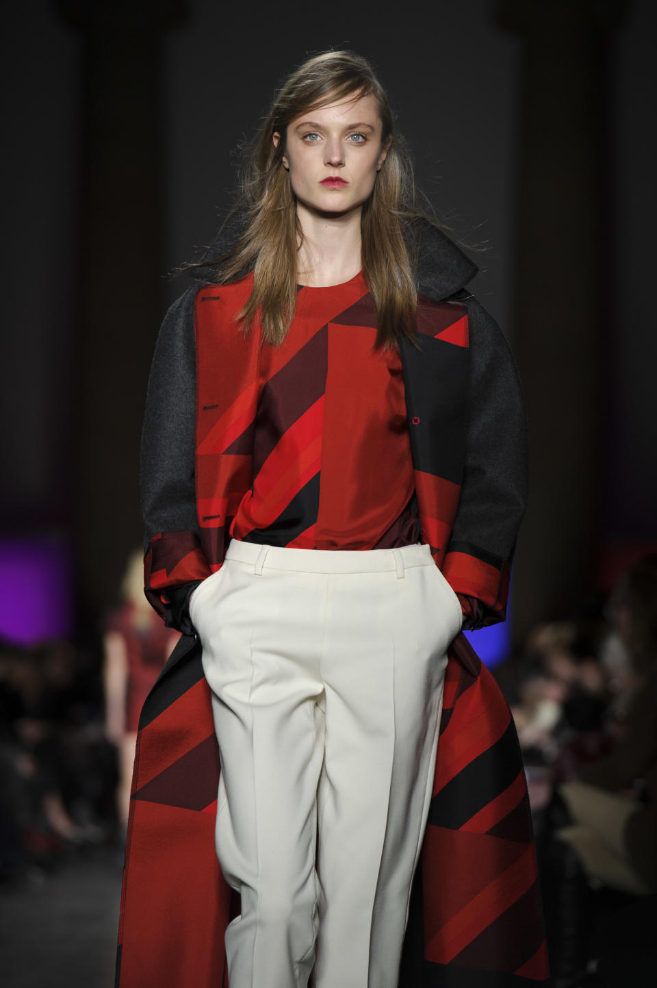 A model wears a design from the Paul Smith collection during London Fashion Week, Sunday, Feb. 17, 2013, London. (Photo by Jonathan Short/Invision/AP)