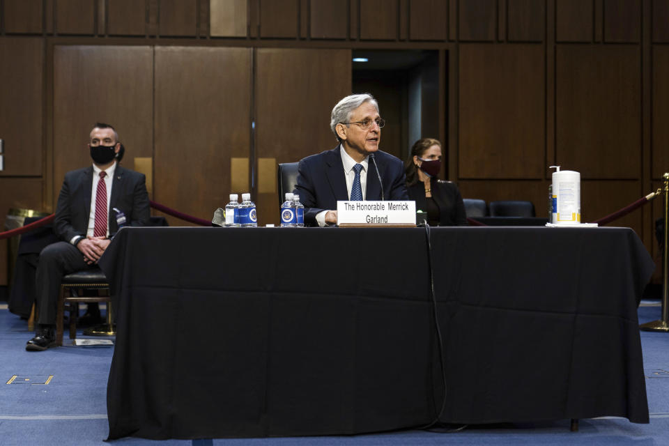 Judge Merrick Garland, nominee to be Attorney General, testifies at his confirmation hearing before the Senate Judiciary Committee, Monday, Feb. 22, 2021 on Capitol Hill in Washington. (Demetrius Freeman/The Washington Post via AP, Pool)