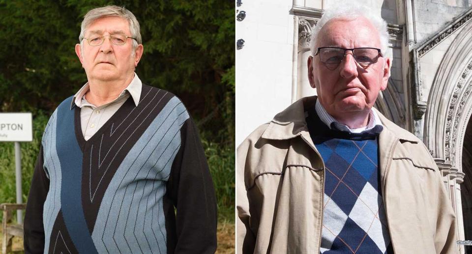 Actor Ifan Huw Dafydd, left, plays former sub-postmaster Noel Thomas, right, in the drama. (ITV/Getty)