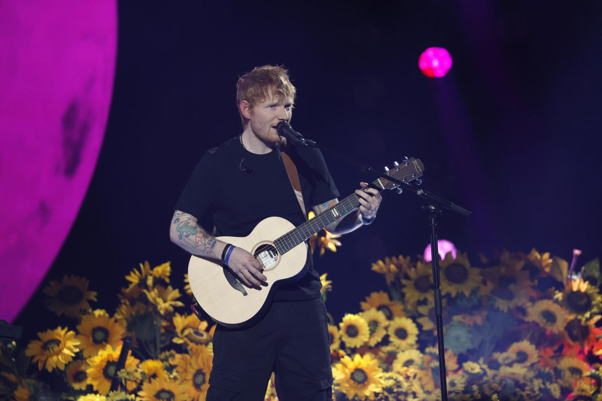 Ed Sheeran performs during a Concert for Ukraine at Resorts World Arena on March 29, 2022 in Birmingham, England. (Photo by John Phillips/Disasters Emergency Committee/Getty Images for Livewire Pictures Ltd)