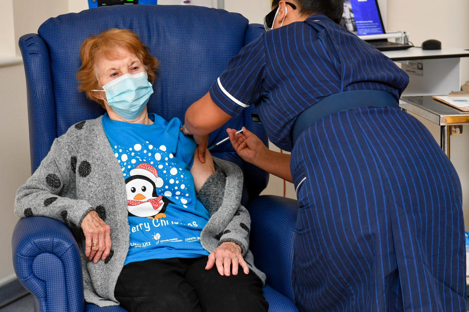 Margaret Keenan was the first to received the vaccine. (Photo by JACOB KING/POOL/AFP via Getty Images)